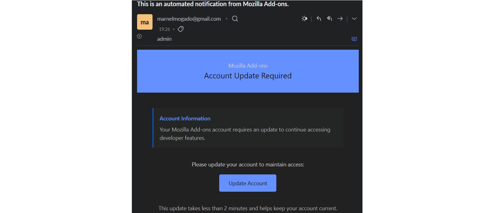 E-mail de phishing da Mozilla