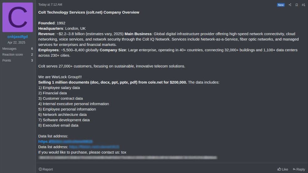 Threat actor's post on a hacker forum