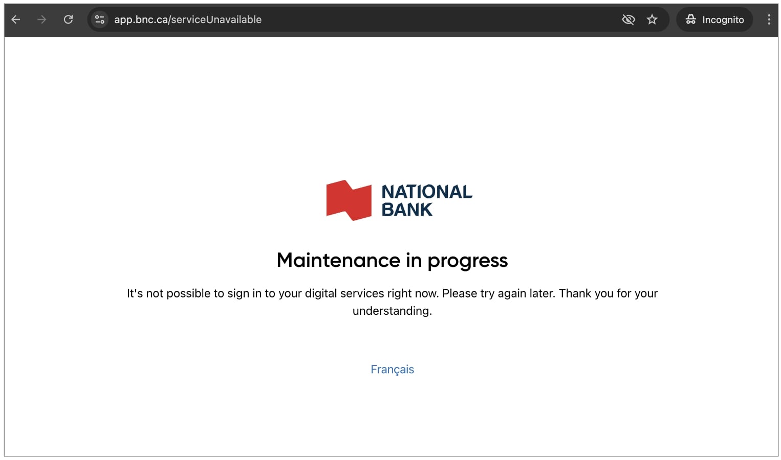 Site do Banco Nacional do Canadá mostrando mensagem de manutenção