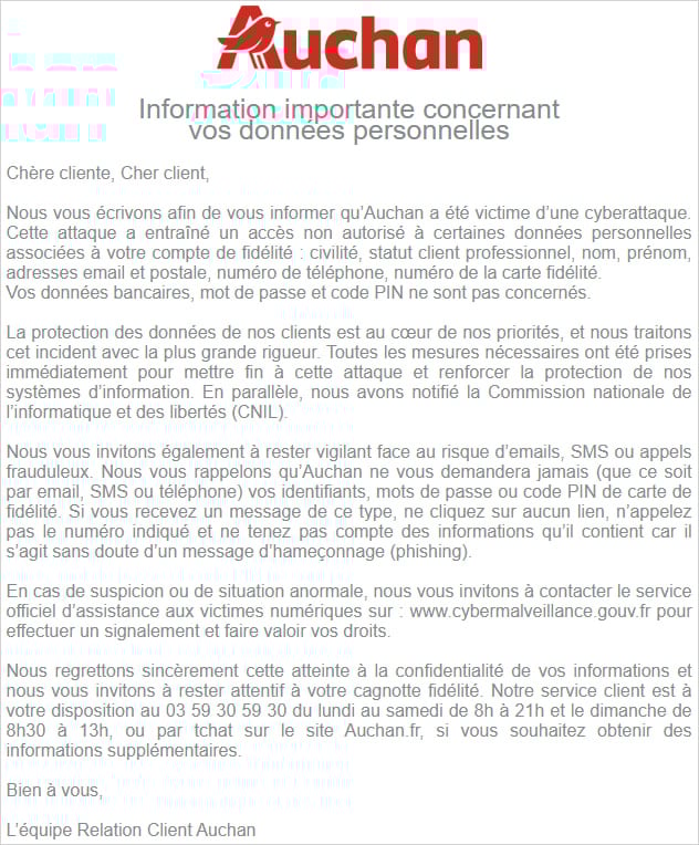 Notice Auchan sent to customers